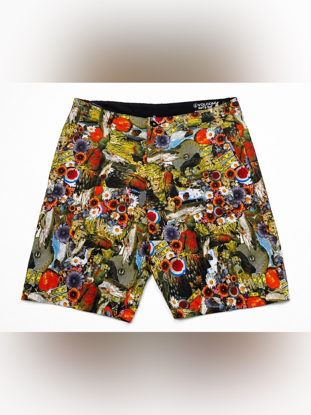 Volcom Surf & Turf Board Shorts Men’s 36 Graphic Collage 4 Way Stretch Swim